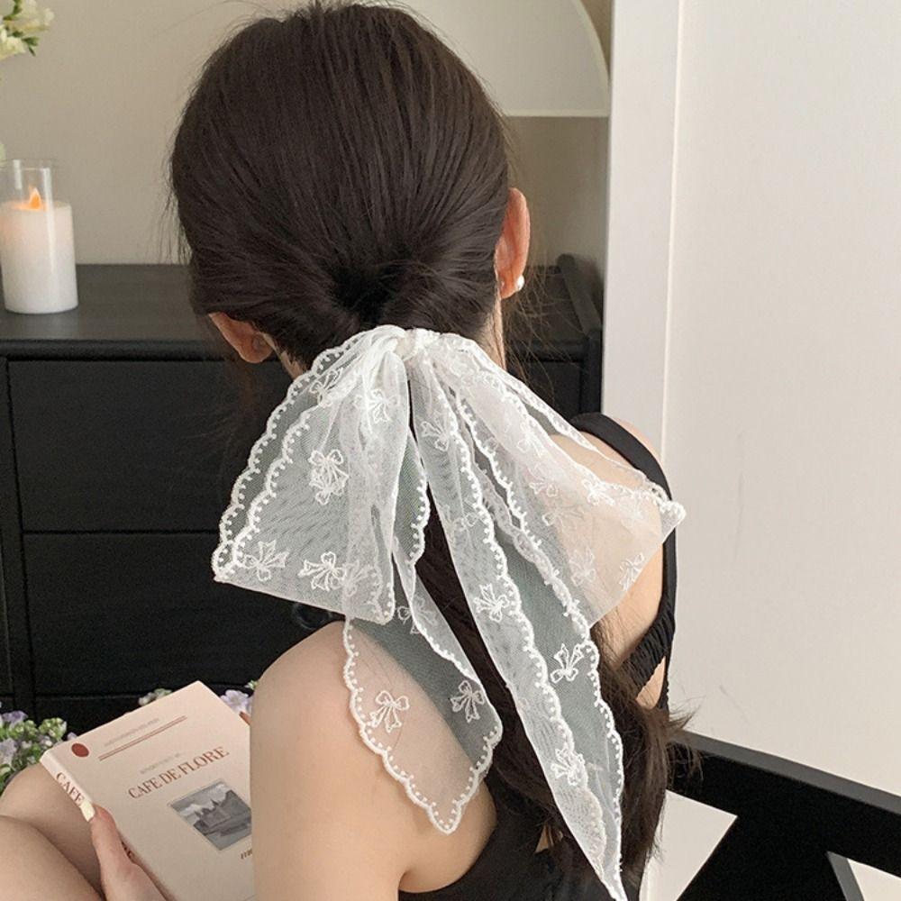 Pastoral Style Sweet Bow Headband Adjustable Ribbon Hair Strap Vintage Lace Hair Scarf  Women