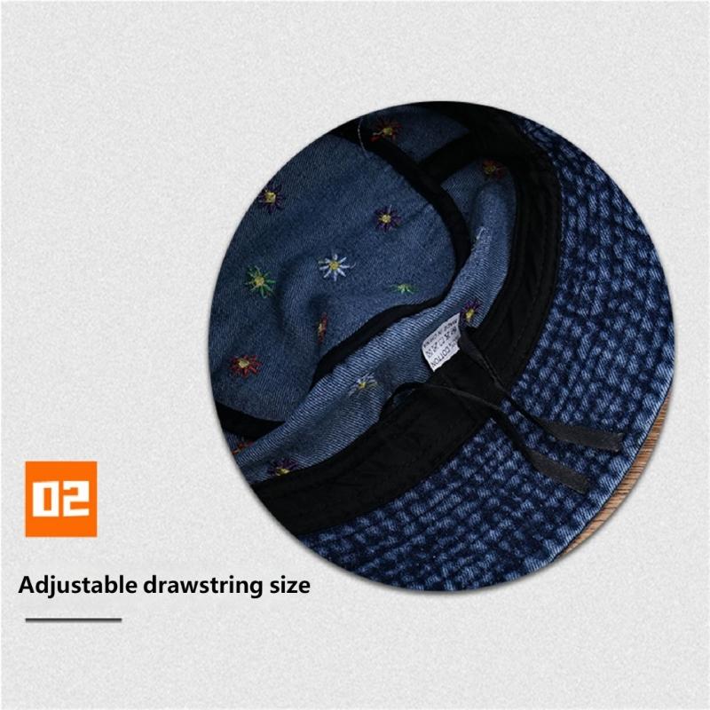 Stylish Jeans Flower Pattern Bucket Hat Extended Edge Shade Guard Unisex Warm Season Shore Hat for Various Occasion