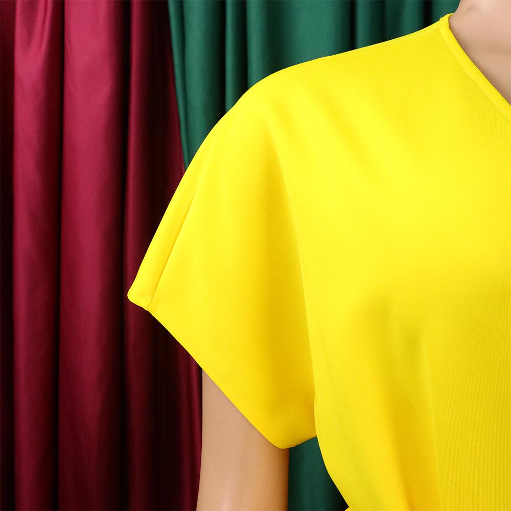 Large Size Women Summer Fashion Solid Dress Ladies Sexy One Piece V Neck Slit Dress with Belt