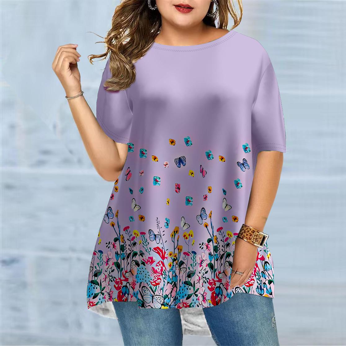 

Женская летняя футболка с цветочным принтом бабочки больших размеров, удобная футболка с короткими рукавами и круглым вырезом, повседневная мешковатая футболка средней длины