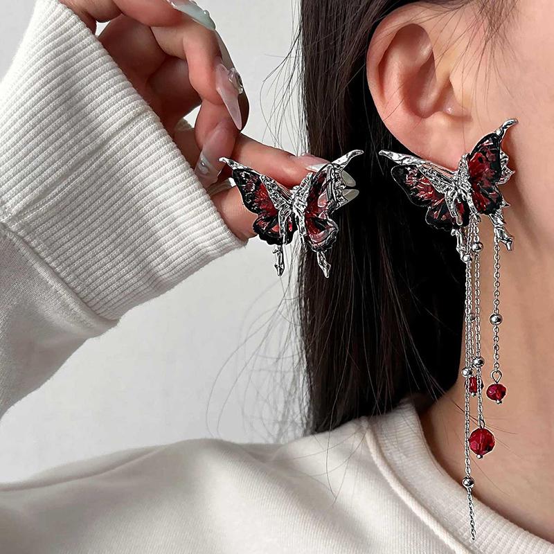 Elegent Blue Starry Sky Butterfly Earrings for Women Long Tassels Chain Zircon Red Drop Earrings Sweet Cool Y2K Jewelry