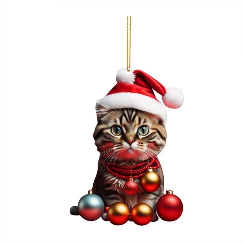 1-10PCS Christmas Acrylic Car Hanging Ornament Cat Santa Hat Tree Pendant Holiday Home Decoration Xmas Party Supplies