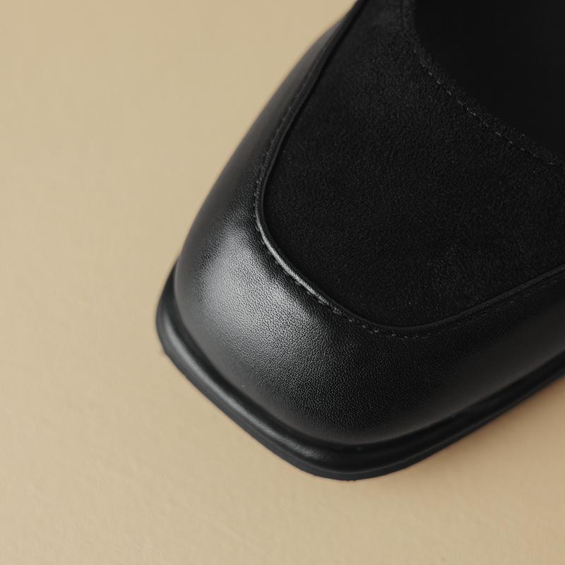 Fashion Women's New Spring and Autumn Square Head Splicing Elastic Metal Belt Buckle Middle Heel Large Retro Work Single Shoes