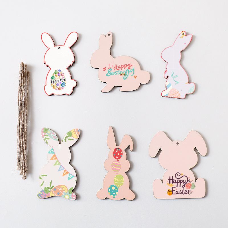 6/12Pcs Easter Wooden Bunny Pendants Blank Rabbit Wood Chips Kids Easter Party DIY Painting Crafts Gift Home Hanging Decoration