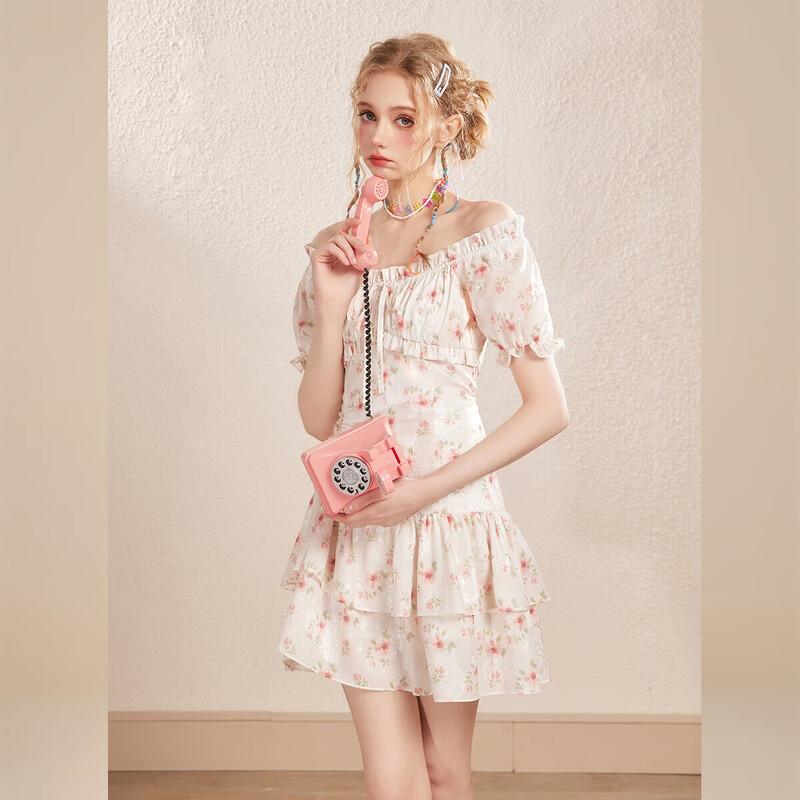 UNIFREE French Floral Off-Shoulder Puff Sleeve Dress S