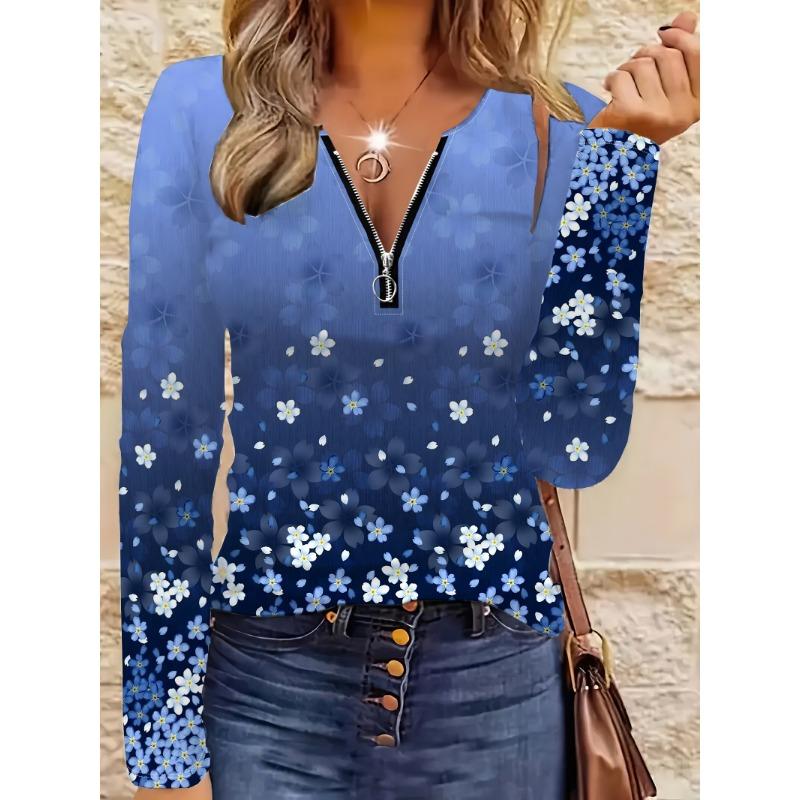 All-Over Floral Print Zipper T-Shirt, Casual Long Sleeve Top, Suitable for Spring And Autumn, Ideal for Home And Outdoor Wear