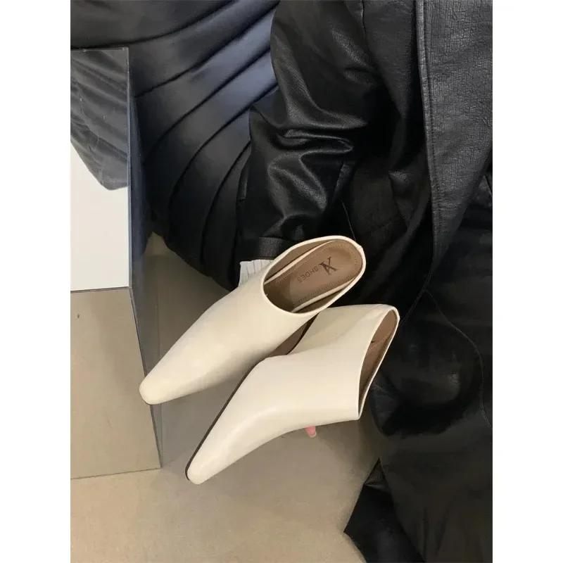 2025European American Baotou Half Women's Soft Leather Slope Heel High Cool Fashion Outwear Thick Lazy Muller Shoes