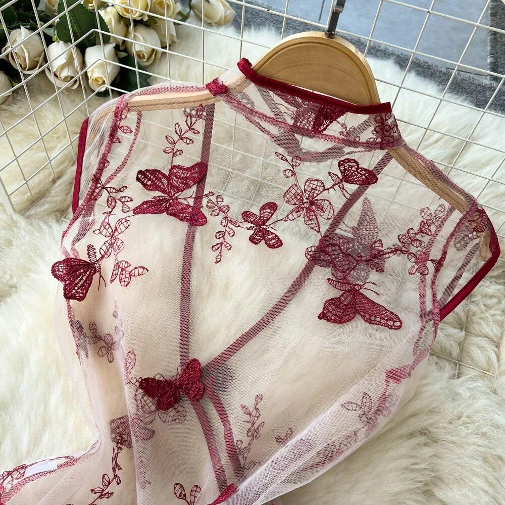 Singerie Mesh Sheer Sexy Nachtkleid Frauen Hollow Out Split Retro Unterwäsche Stickerei Cheongsam Weiblich Schmetterling Muster Erotische Mode Pyjamas 2024