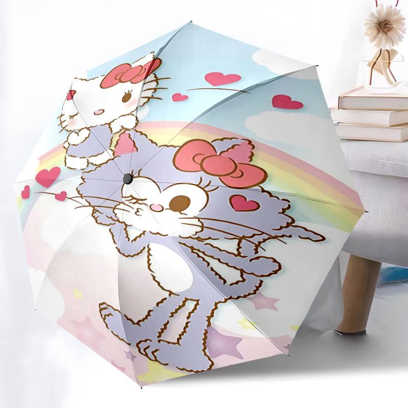 1pc Hello Kitty & Catty Chan Automatic Folding Umbrella - Portable 3-Fold Design with Iron Frame - Outdoor - Ideal Gift for Fans, Travelers, Daily Use