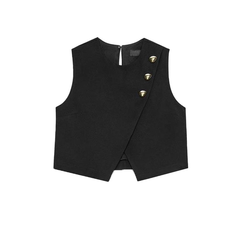 Autumn New Women's Clothing French Style Design round Neck Sleeveless Gold Fake Button Double Breasted Tops 3897151