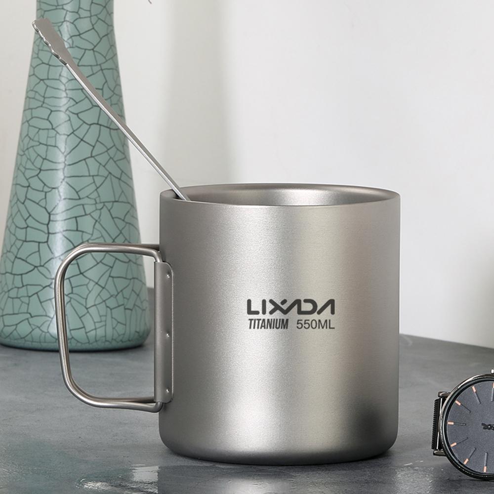 Lixada 550ml Titanový hrnek s dvojitou stěnou na vodu, čaj, kávu pro domov, kancelář, kempování v přírodě