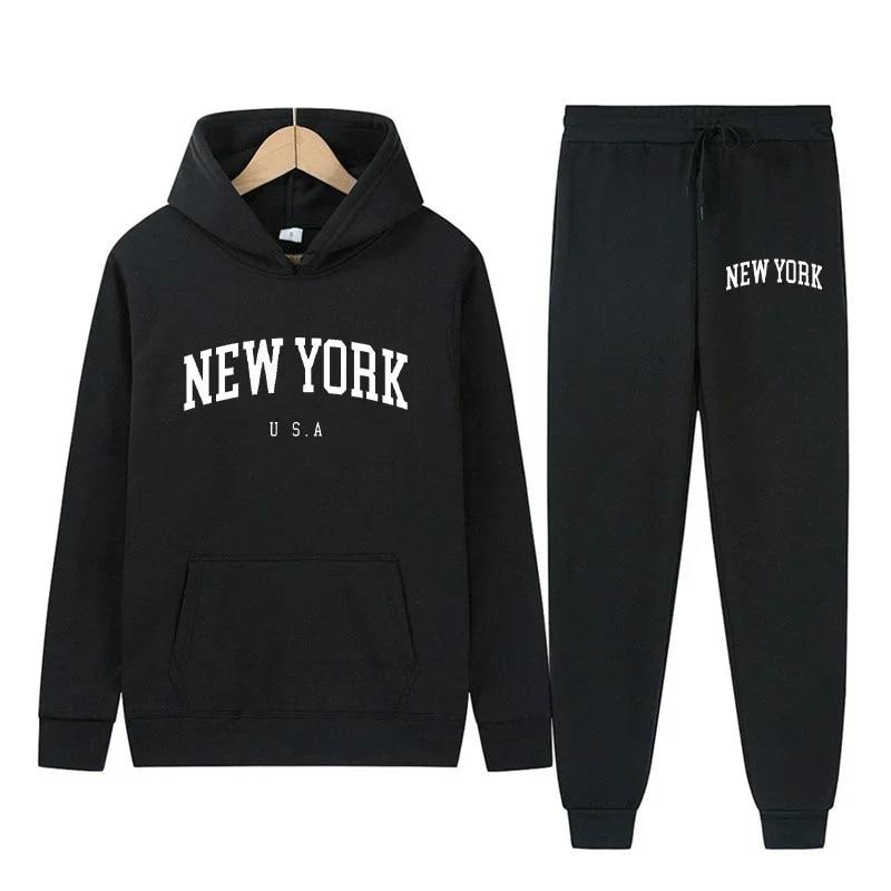 New York Letter USA City Hoodies + Hosen 2-teiliges Set Damenmode Sweatshirts Damen Casual Kapuzenpullover Sportwear-Anzug