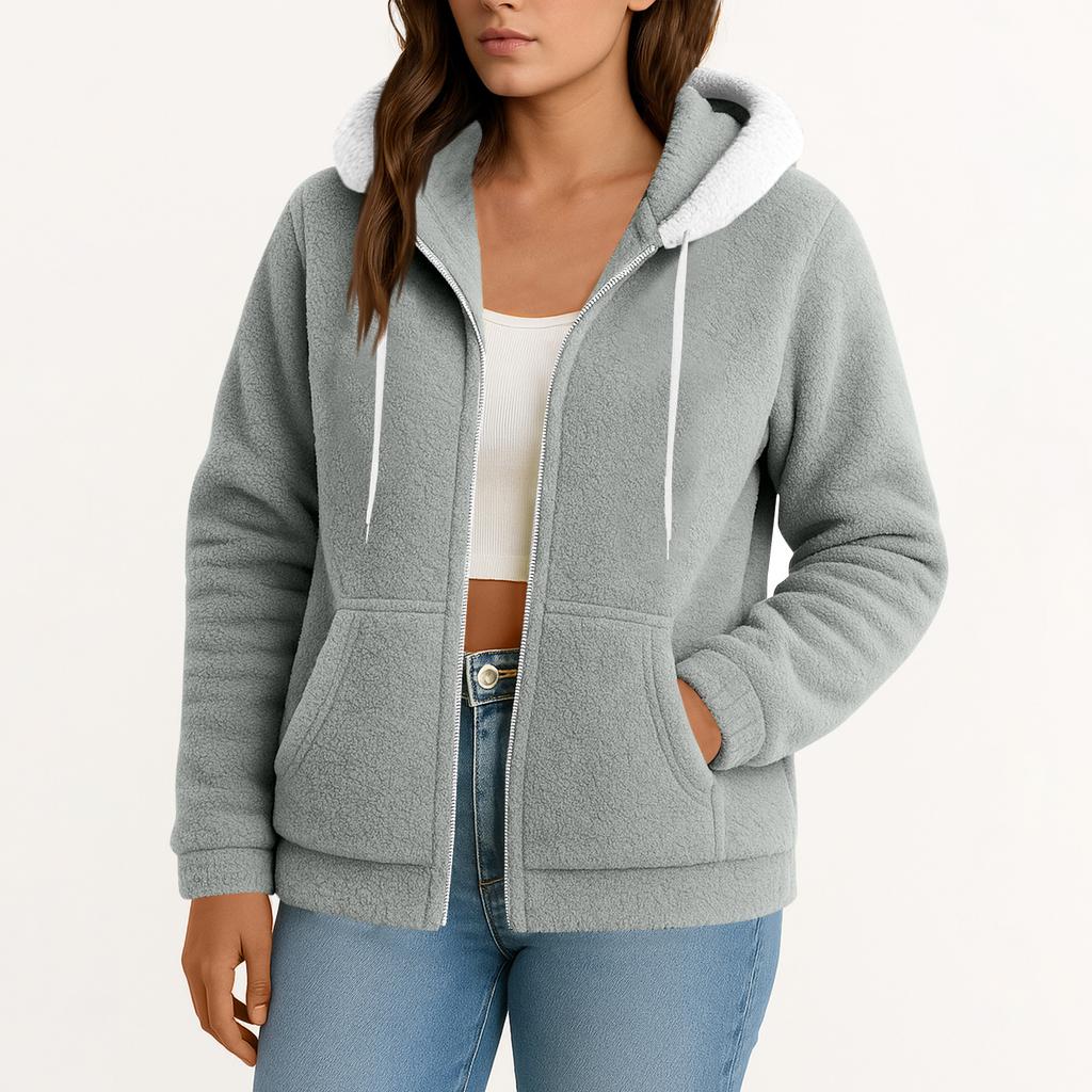 Women's  Fuzzy Fleece Jacket Hooded Color Block Patchwork Lady Cardigan Coat Outerwear With Pockets And Cat Ears