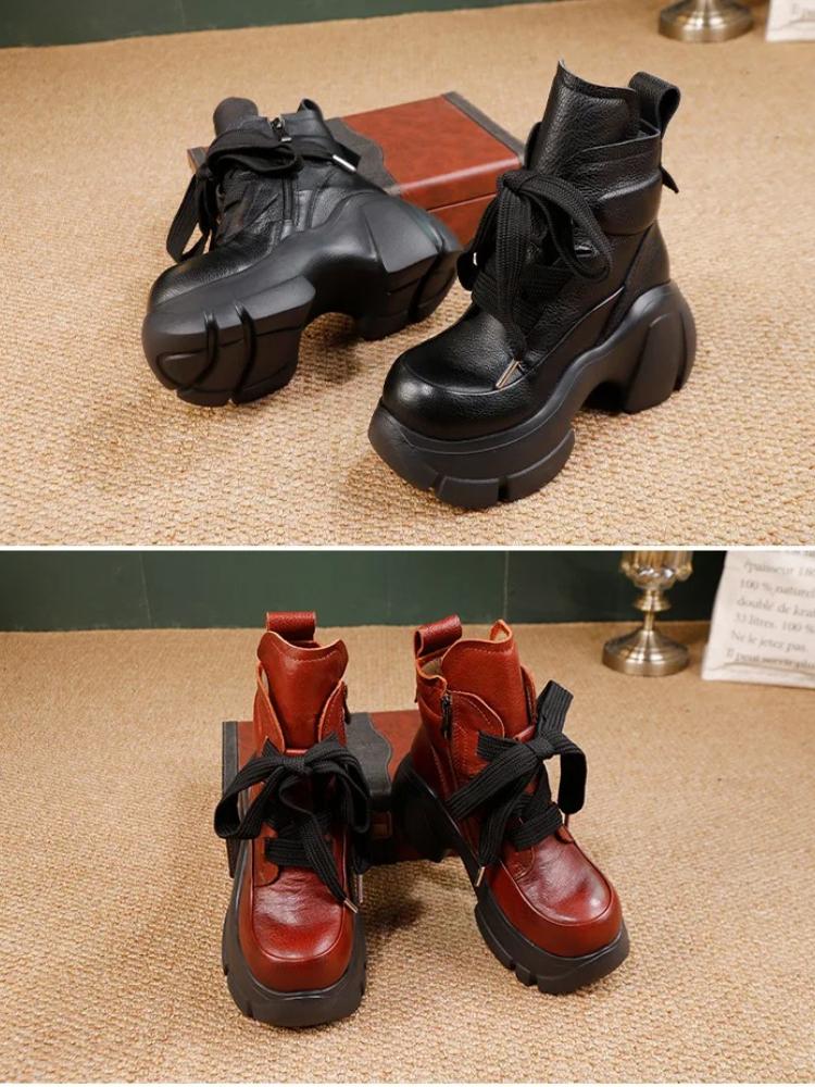 Johnature Genuine Leather Thick Soled High-heeled Boots Retro Lace-up Women's Short Platform Boots