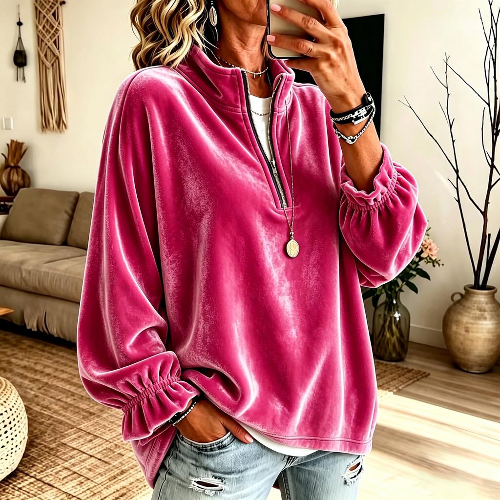Women's Velvet Zip Up Sweatshirt with Collar Casual Loose Fit Color for Daily Wear