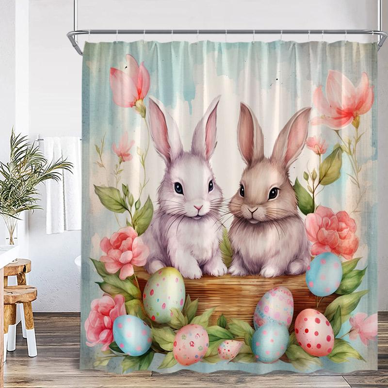 Shower Curtain, Easter Bunny Egg Waterproof Polyester Bathroom Curtain With Hooks, Spring Rabbit Dog Holiday Decor Bath Curtain