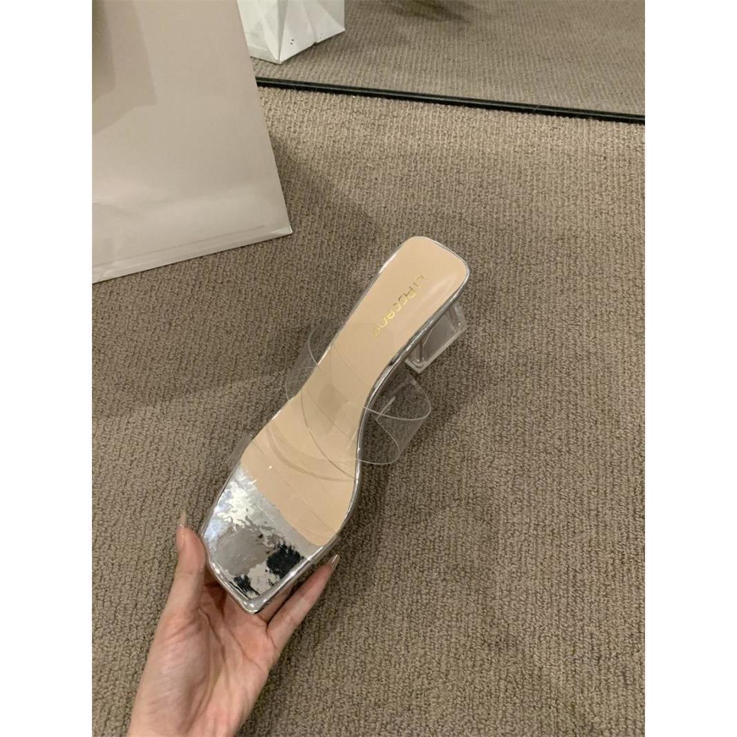 

Прозрачные босоножки на высоком каблуке, женская обувь, весна и лето 2025, новые босоножки на толстом каблуке во французском стиле с юбкой 40 серебряный