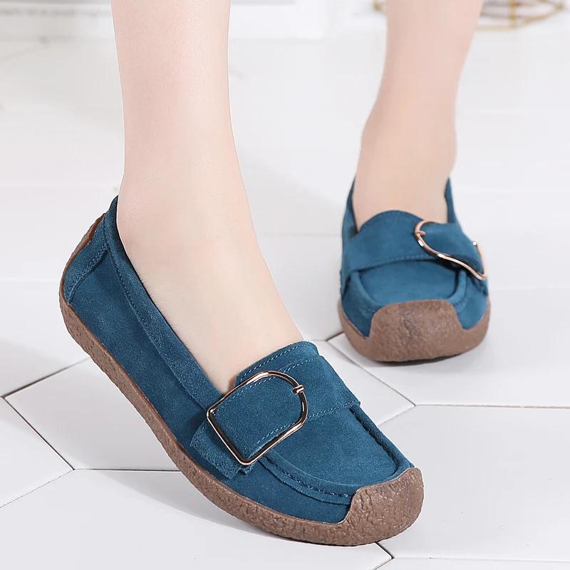 Autumn Comfortable Moccasins Loafers Ladies Soft Non-Slip Bean Walking Shoes British Style Fashion Cow Suede Casual Shoes Women