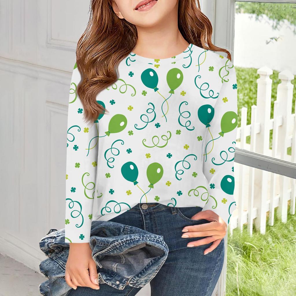 Dívčí trička s dlouhým rukávem Dětské podzimní topy Kulatý výstřih Vzorovaný potisk Základní trička 5-14L