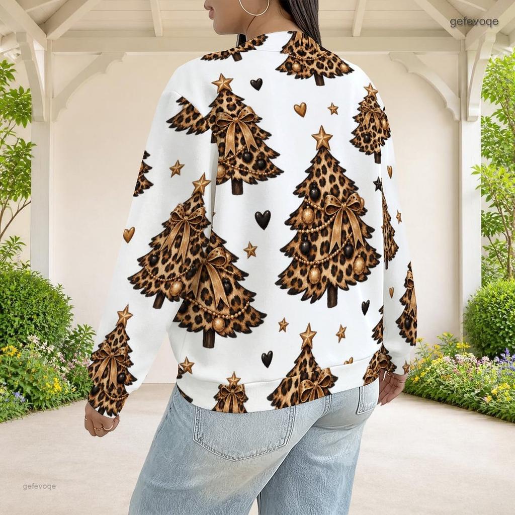 Women Plus Size White Leopard Heart Lock Printed Baseball Collar Long Sleeve Jacket With Pockets