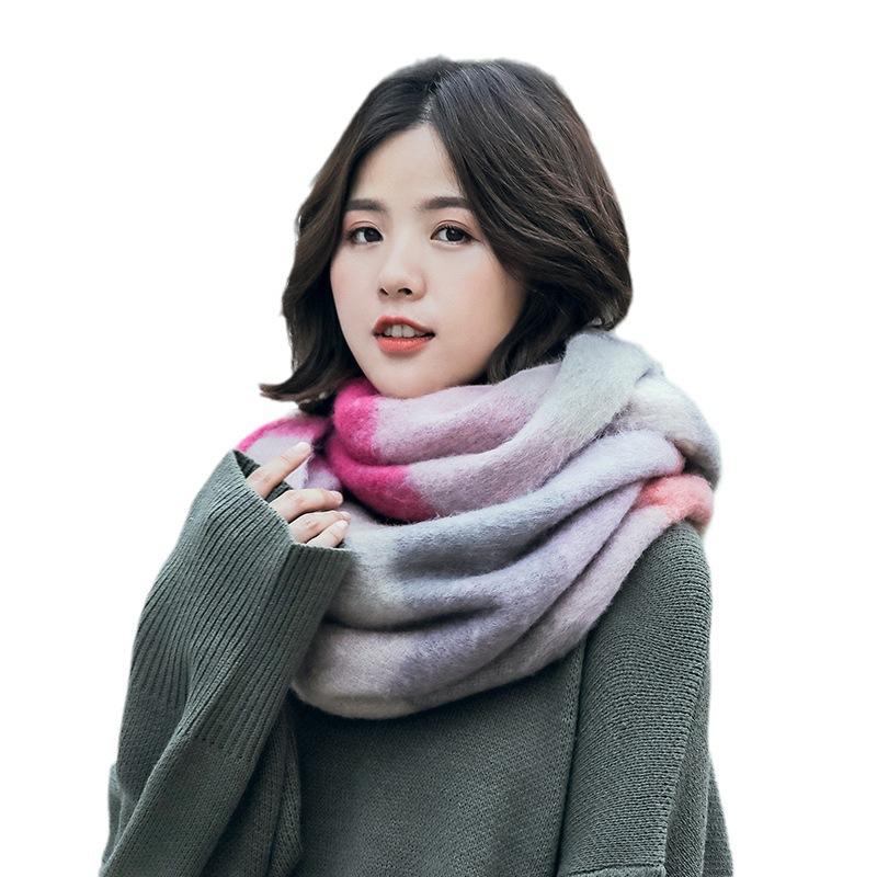 Autumn and winter European and American color matching AC imitation cashmere thick fringed scarf rainbow plaid mohair warm female student plus