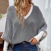 Womens Striped V-Neck Batwing Sleeve Loose Knit Sweater Winter Casual Pullover Top