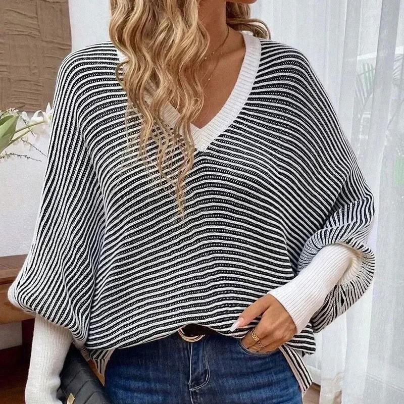 Womens Striped V-Neck Batwing Sleeve Loose Knit Sweater Winter Casual Pullover Top