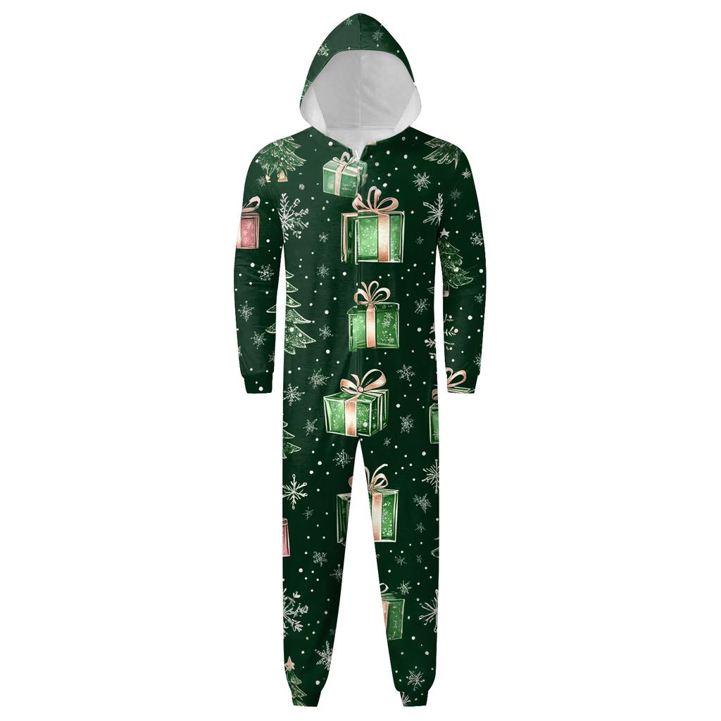 Christmas Print Family Matching Hooded Long Sleeved Zippered Jumpsuit Set
