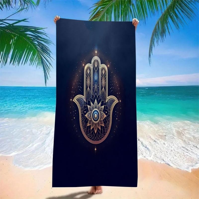 Blaues Hamsa-Hand & Böser Blick Strandtuch Super Saugfähig Schnelltrocknend Mikrofaser Boho Spirituelles Muster Decke für Picknick & Outdoor 70x140cm