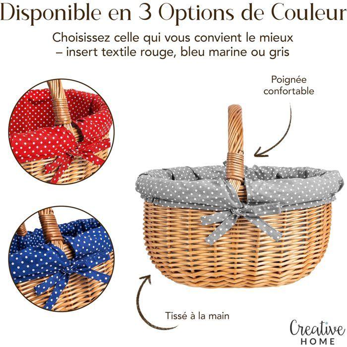 Panier en osier - CREATIVE HOME - Osier Pois Gris Brun - 43×32×37 cm - Ficelles amovibles - Fabriqué UE