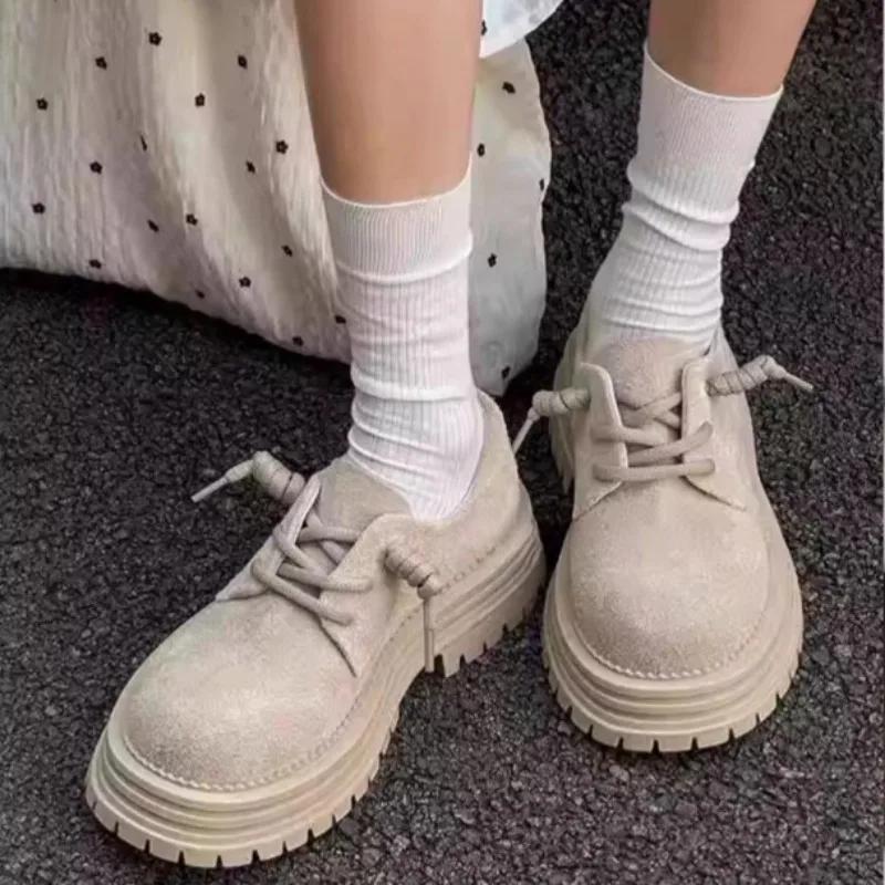 Fashion Women's Autumn Round Head Bull Suede Lace-Up Front Platform Heightened Low Top Casual Square Heel Shoes