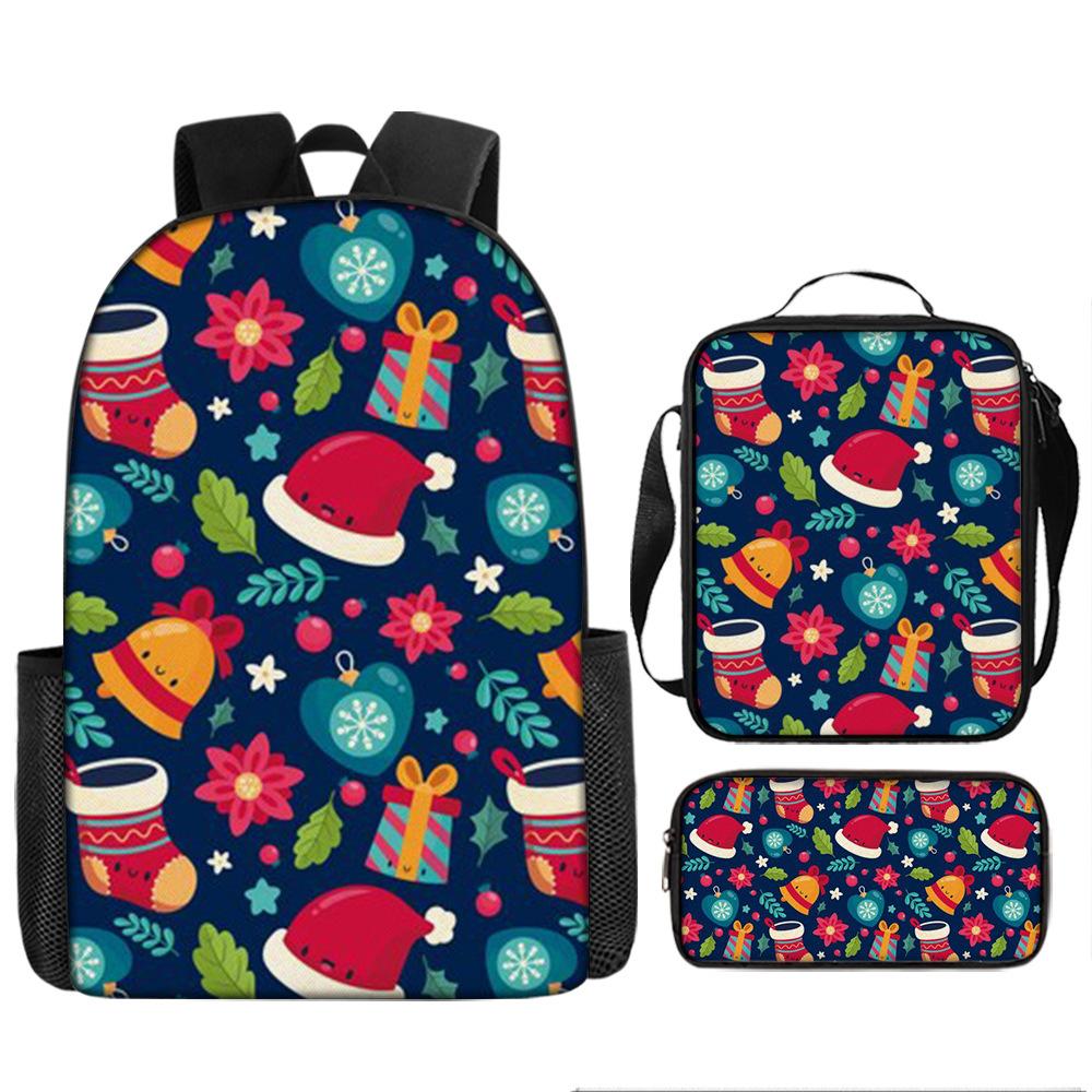Santa Claus Christmas Tree Backpack Elementary School Bag Large Capacity Leisure Bag Lunch Bag Pencil Bag Three-piece Set