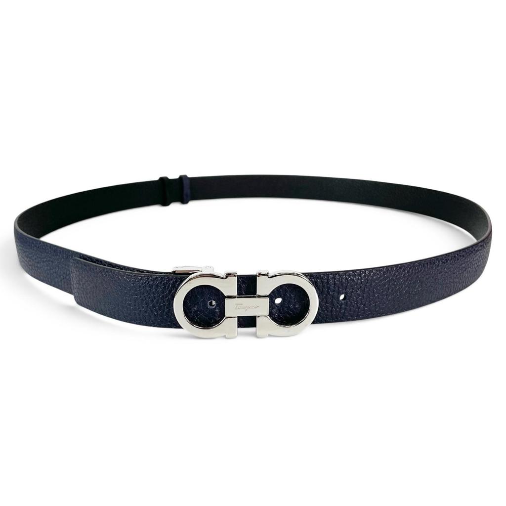 Pristine Salvatore Ferragamo Belt Double Gancini Reversible Navy Leather Mens Used