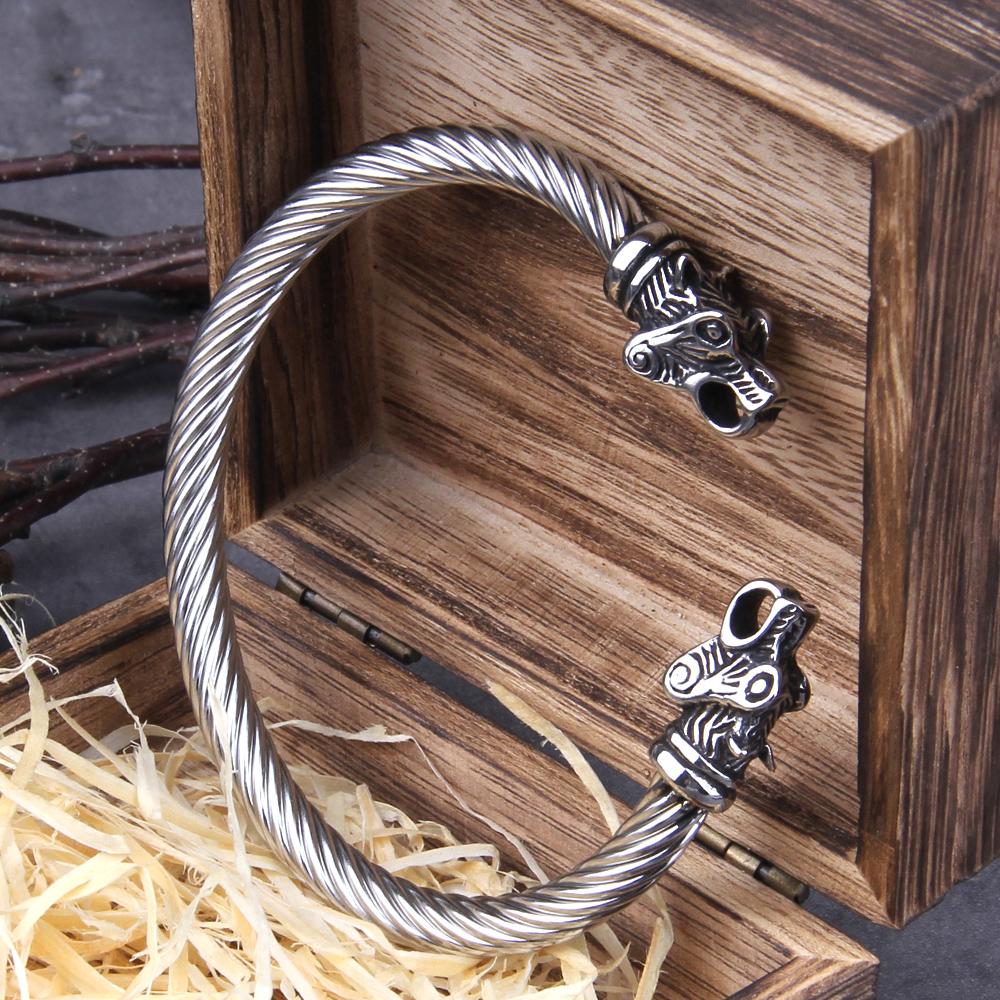 Adjustable Stainless Steel Viking Bear Bracelet for Men with Norse Wooden Box Nordic Wristband