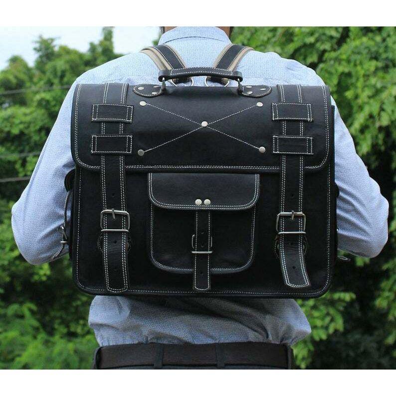 Винтажный настоящий черный кожаный рюкзак-мессенджер — фото 2