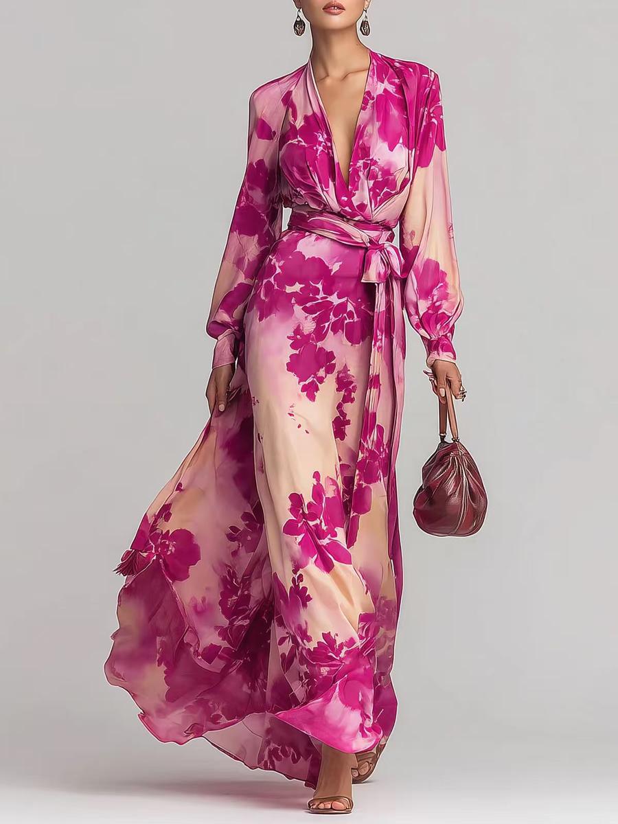 Windy Floral Lightweight Chiffon Long Sleeve V-Neck Tie-Up Dress Elegant Temperament Spring New Style Maxi Dress XXL