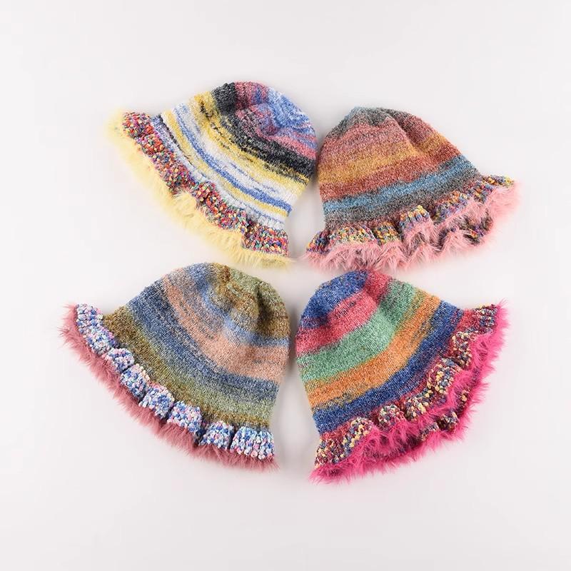Rainbow Oil Painting Gradual Change Knitted Wool Hat Children Autumn and Winter Warm Plush Bucket Hat Basin Hat Tide
