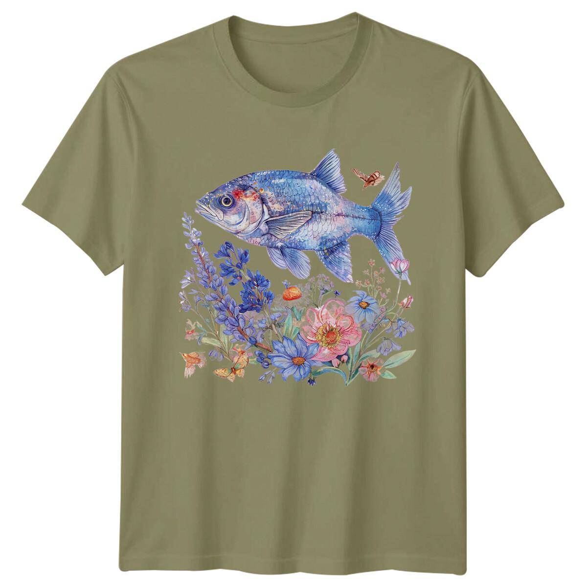 Blue Watercolor Fish Art Mens T-Shirt Floral Butterfly Design L