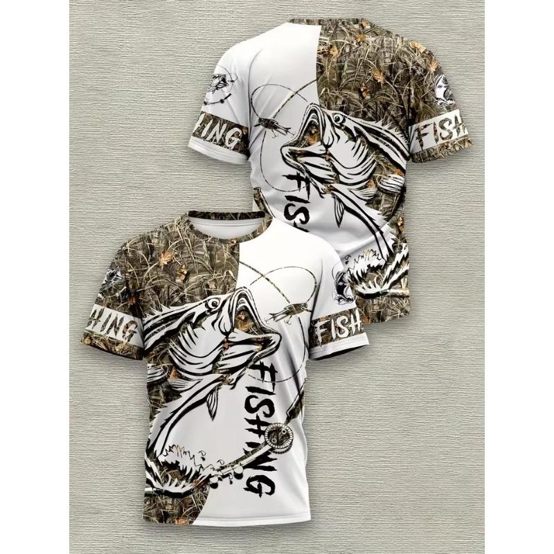 Pánské tričko s kulatým výstřihem pro rybářské nadšence, 3D potisk s grafikou rybářského háčku a okouna, nadměrná velikost, ležérní sportovní styl, letní tričko