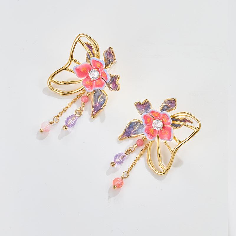 Bustling Butterfly: Retro Hand-Painted Enamel Half-Wing Butterfly and Flower Tassel Stud Earrings Other