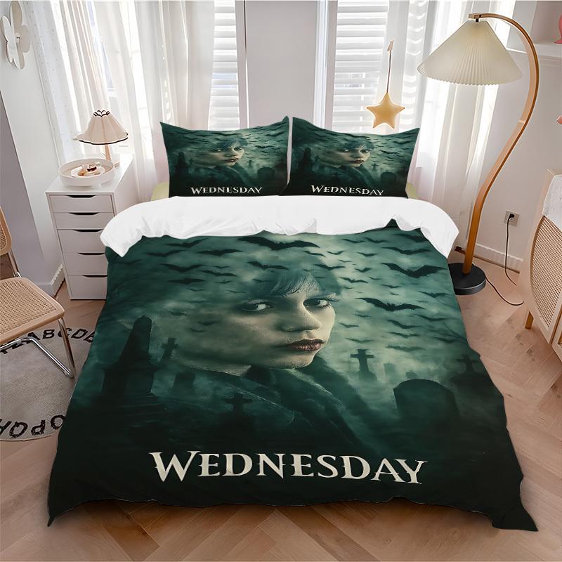 3-teiliges WEDNESDAY Addams Bettwäsche-Set, 1 Bettbezug + 2 Kissenbezüge (Kein Einsatz), Hochauflösender Druck, Set für Zuhause & Wohnheim yy251208062