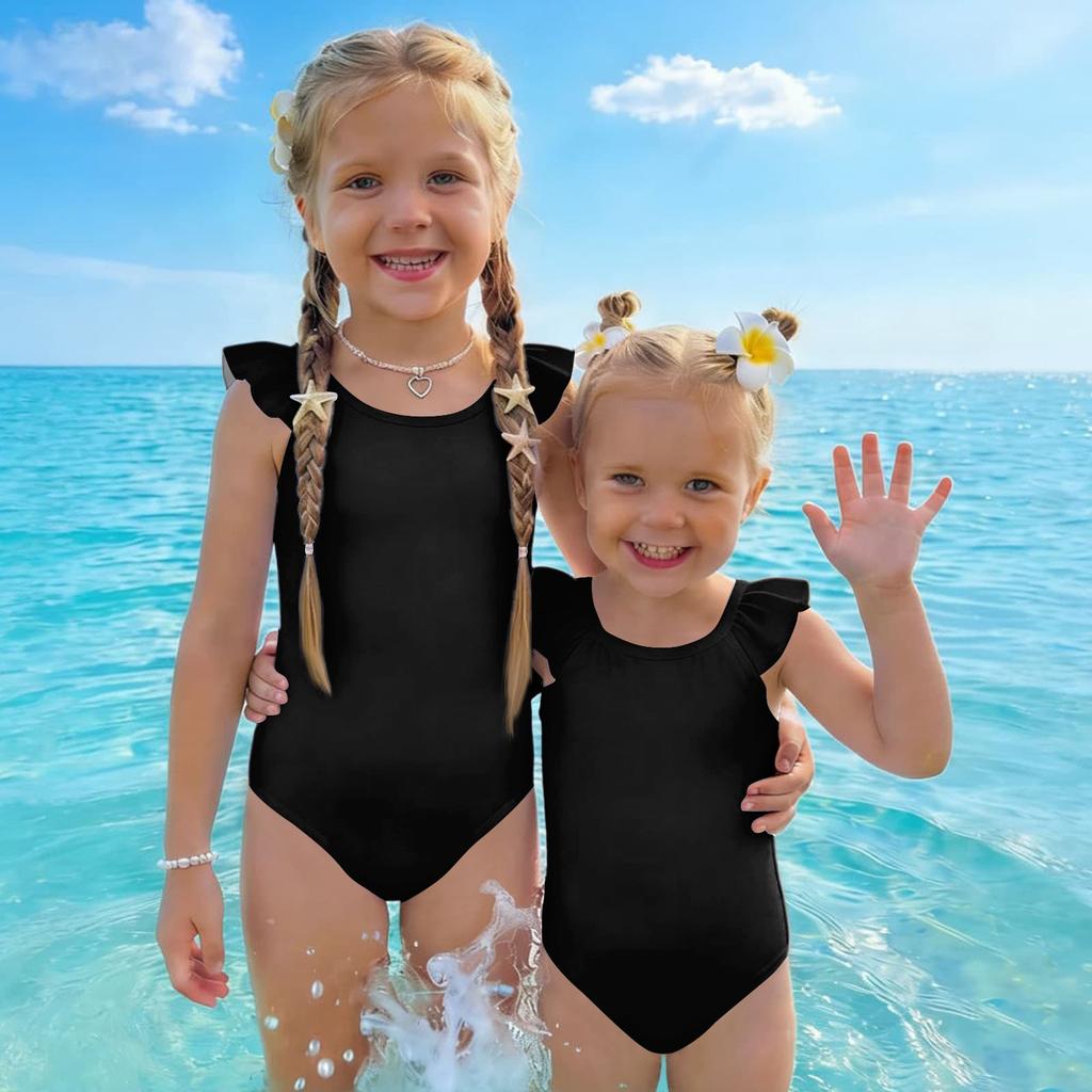 Costume da bagno intero per bambina Estate Colore Unico Costumi da bagno Bambini Senza Maniche Spalla con Volant Costume da bagno Abbigliamento da spiaggia per bambini