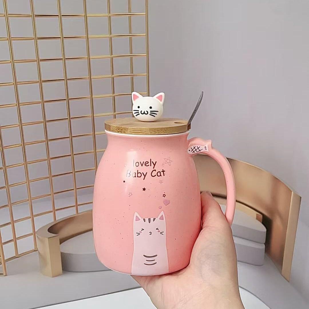 

Cute Cartoon Cat Ceramic Cup with Lid Spoon Large Capacity Mug Household Coffee Cup Breakfast Milk Water 400ML