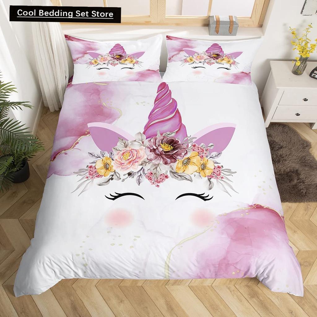 Kids Unicorn Stars King Queen Duvet Cover Cartoon Magic Animal Bedding Set Rainbow Shiny Quilt Cover Polyester Comforter Cover