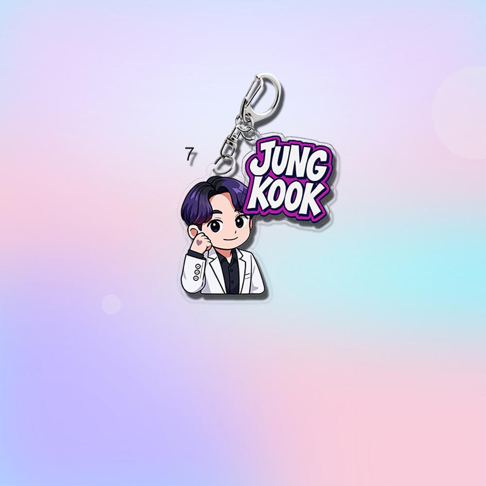 

BTS White Suit Cartoon Keychain with Colorful Name Tag, Bangtan Boys Cartoon Figure Double-Charm Keyring, Kpop Idol Bag Pendant for ARMY Fans JUNGKOOK