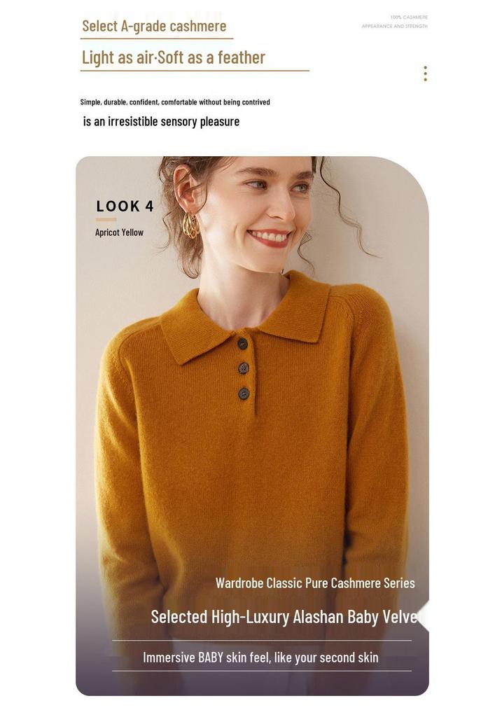 Women's 2024 Autumn/Winter Cashmere Polo Neck Half-Button Loose Slimming Pullover Sweater