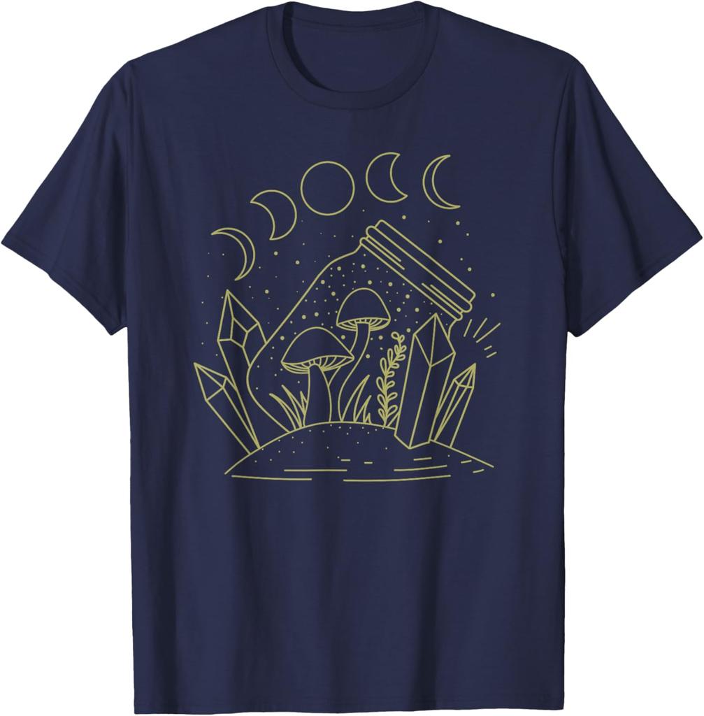 Mushroom Moon Jar Witchcraft Celestial Graphic Tee Cottagecore Casual Cotton T-Shirt