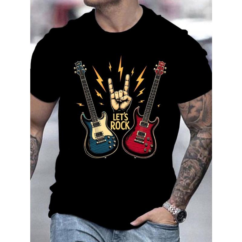 2025 Summer Hot Sale Rock Guitar Printed Pattern Cotton T-Shirt - Creative Men's Wide Casual Crew Neck Short Sleeve Top.