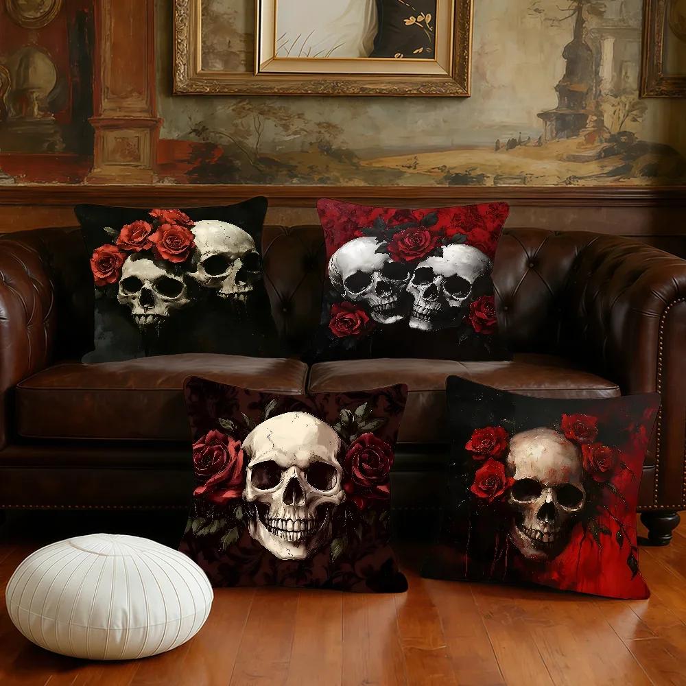 Edgy Skull Rose Cushion Cover Pillow Case Plush Fabric Soft Double Sided Print Sofa Cushion Cover Throw Pillow Covers