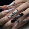 Spice Girls Europeias e Americanas 24 Nail Art Estilo Doce Escuro Cool Linhas Cruzadas Francesas Clássicas Ponta Longa Unha Postiça com Película